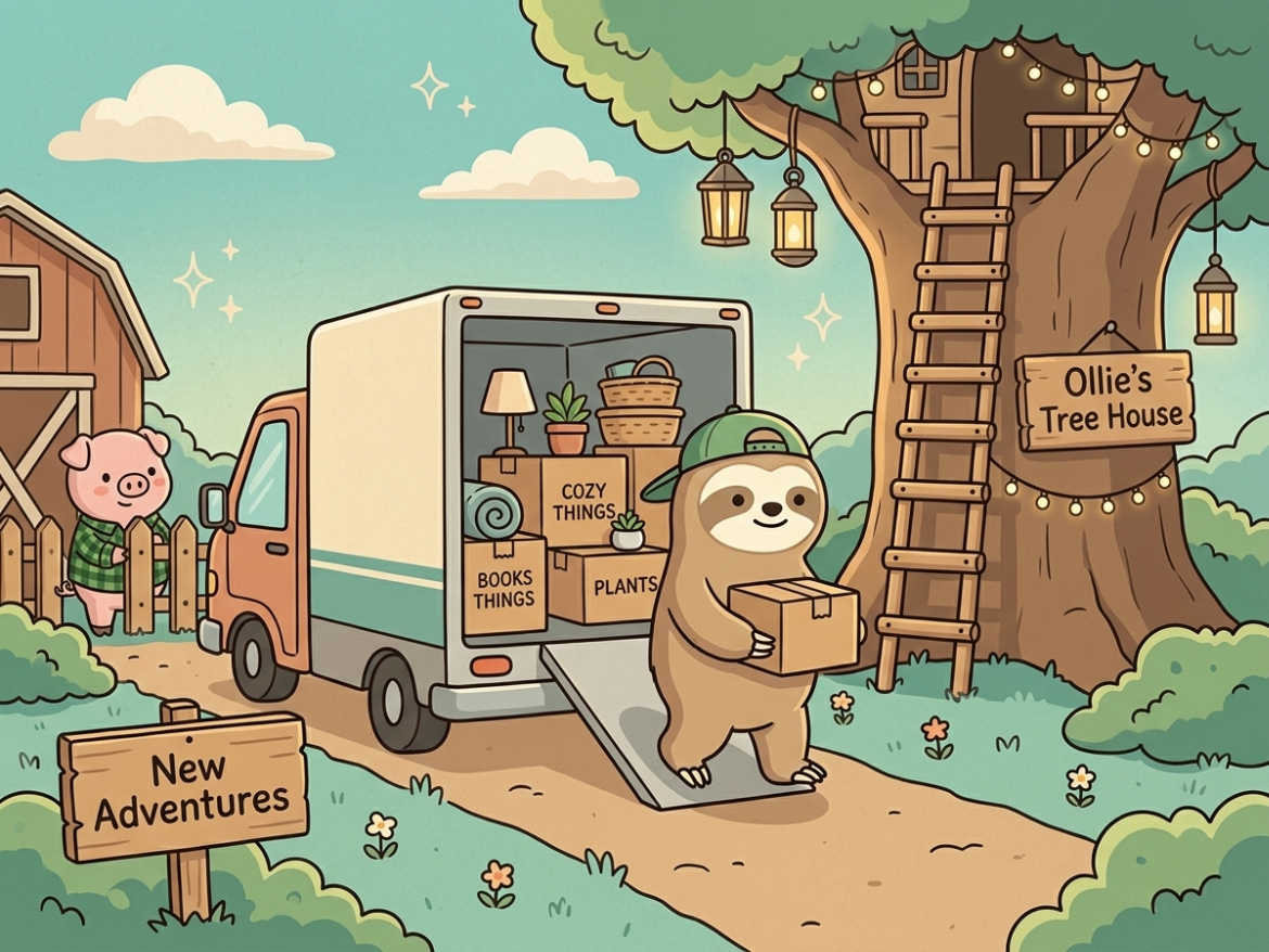Poppy the pig and Ollie the sloth moving into a cozy treehouse