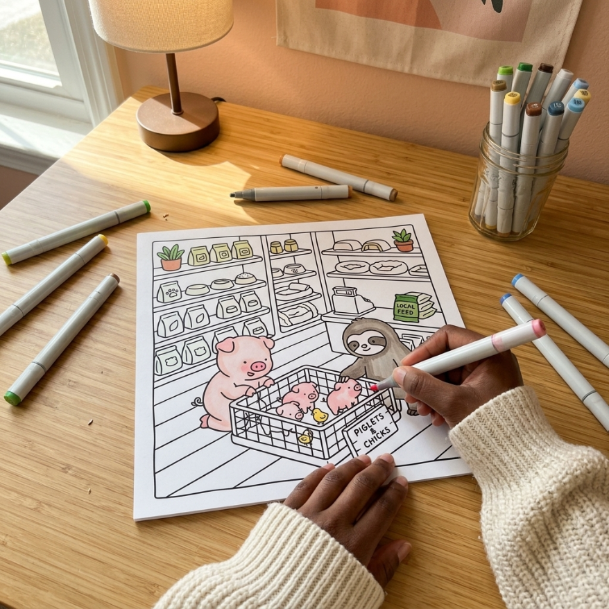 Coloring page of piglets and chicks at a local feed shop